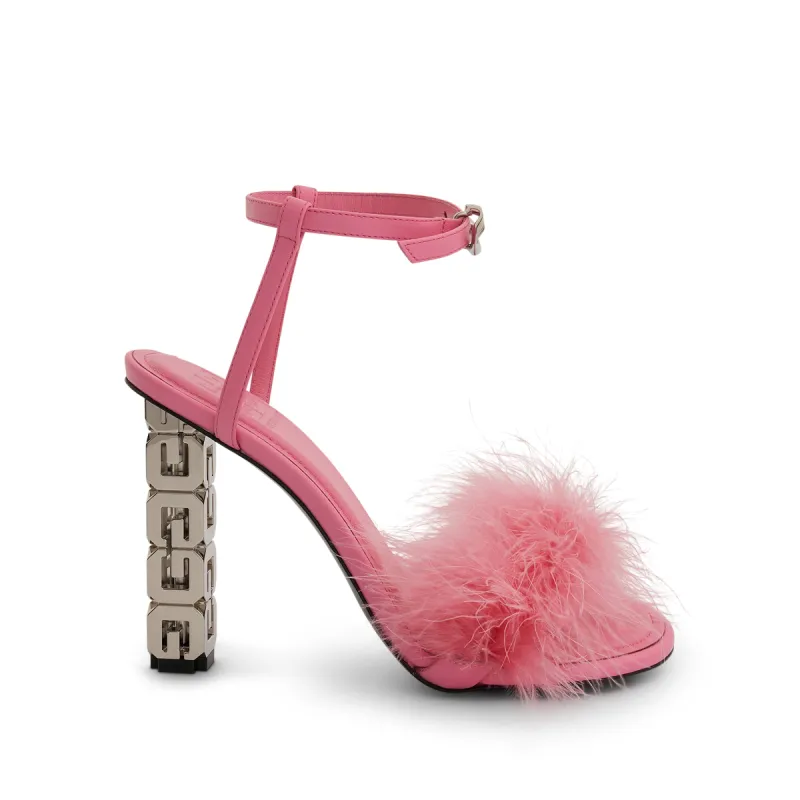 G Cube Sandal 105 with Leather & Feathers in Bright Pink sold by MARAIS