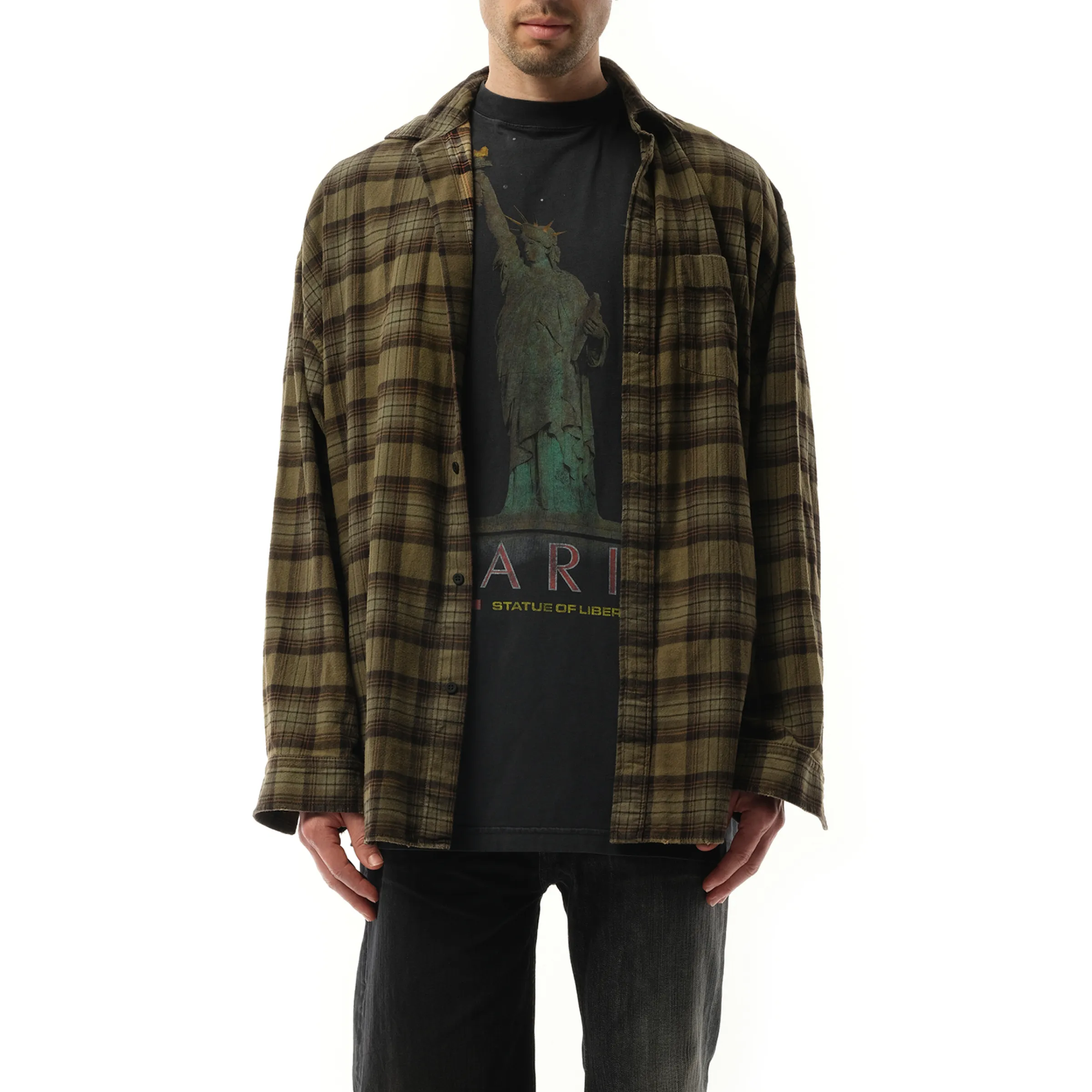 Overprint Check Flannel Layered Shirt in Light Khaki sold by MARAIS