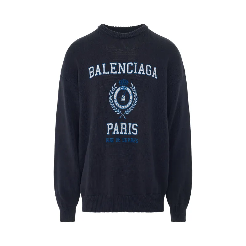 College Crest Knit Long Sleeve Crewneck in Navy/White sold by MARAIS