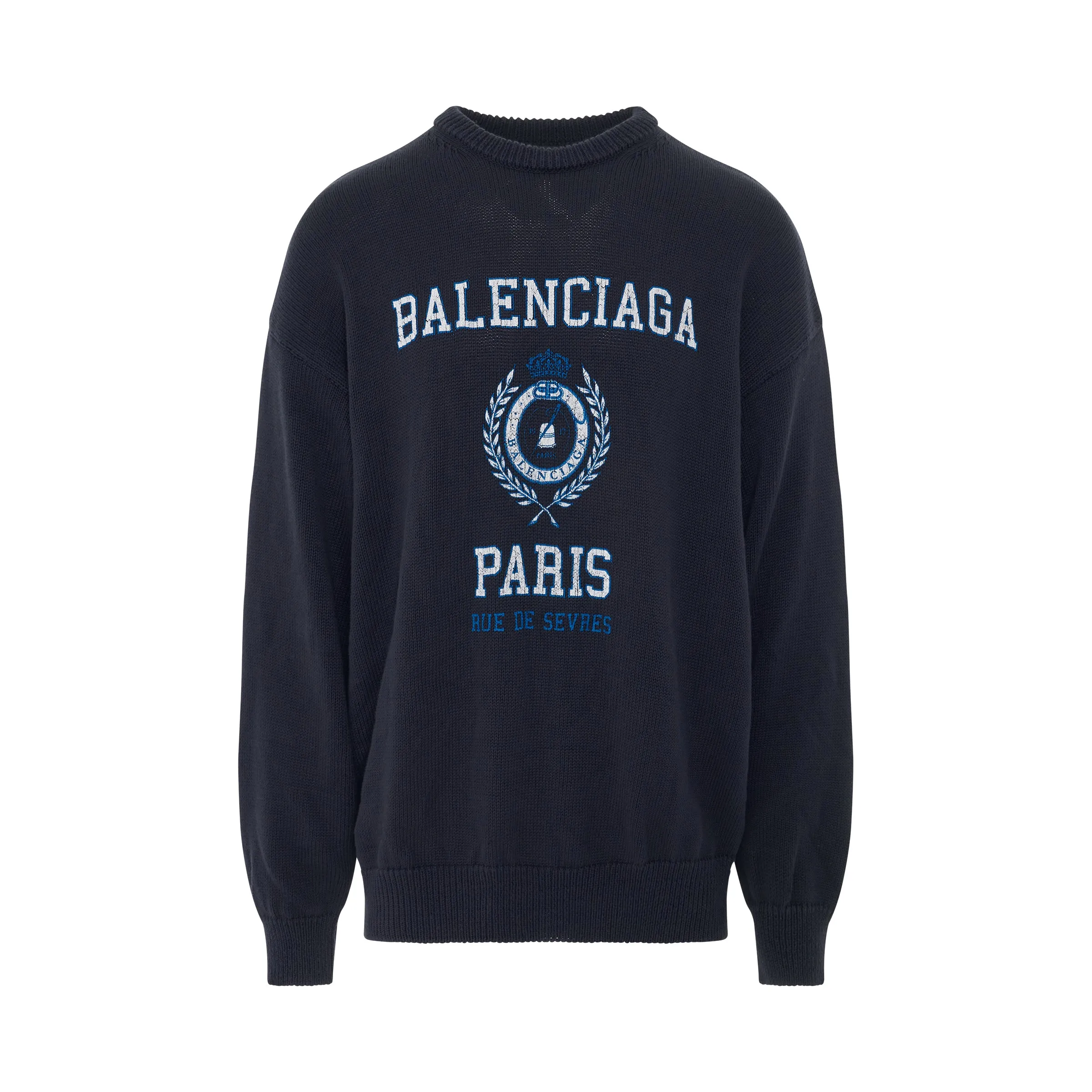 College Crest Knit Long Sleeve Crewneck in Navy/White sold by MARAIS