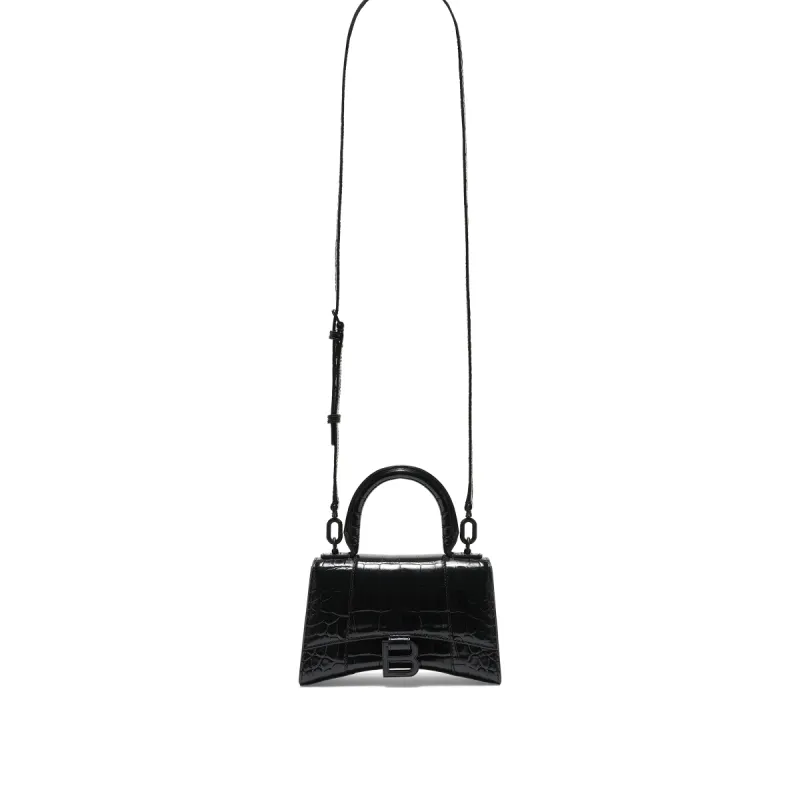 Hourglass XS Croco Embossed Bag in Black sold by MARAIS