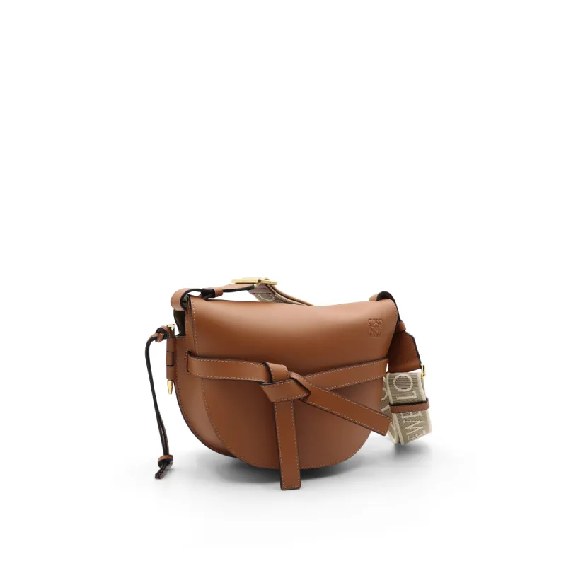 Small Gate Bag in Soft Calfskin and Jacquard Strap in Tan sold by MARAIS