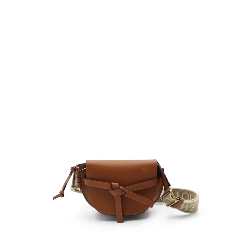 Mini Gate Dual Bag in Soft Calfskin and Jacquard Strap in Tan sold by MARAIS