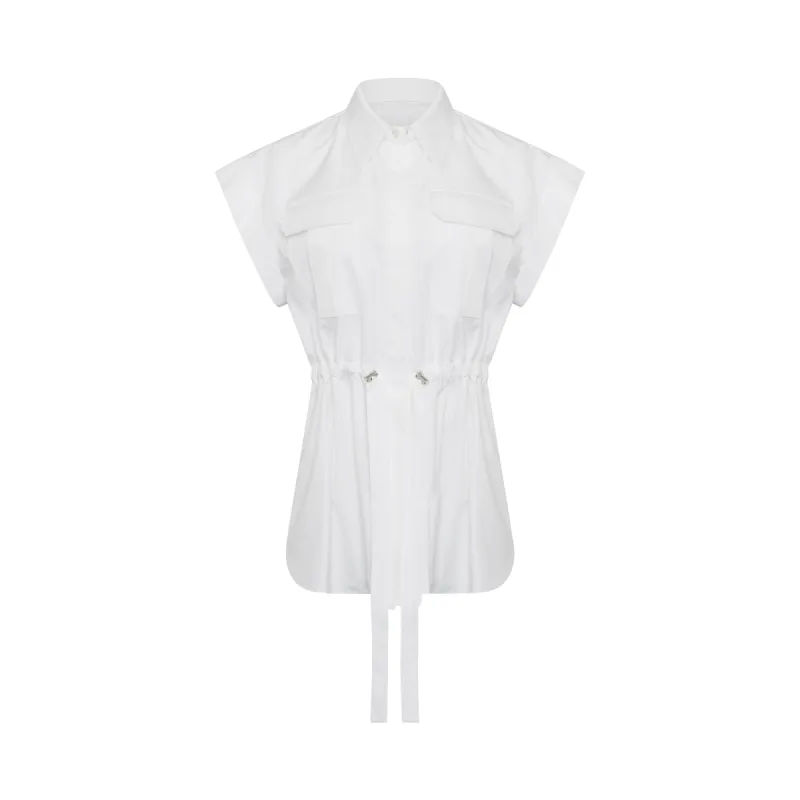 Drawstring Short Rolled Sleeves Shirt in White sold by MARAIS