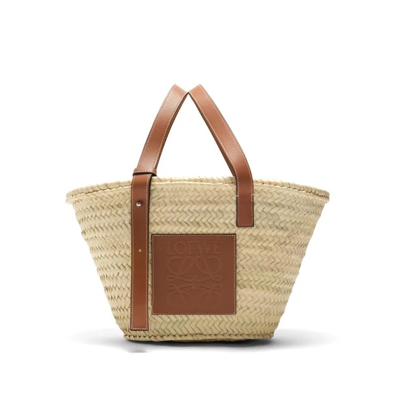 Medium Basket Bag in Palm Leaf and Calfskin in Natural/Tan sold by MARAIS