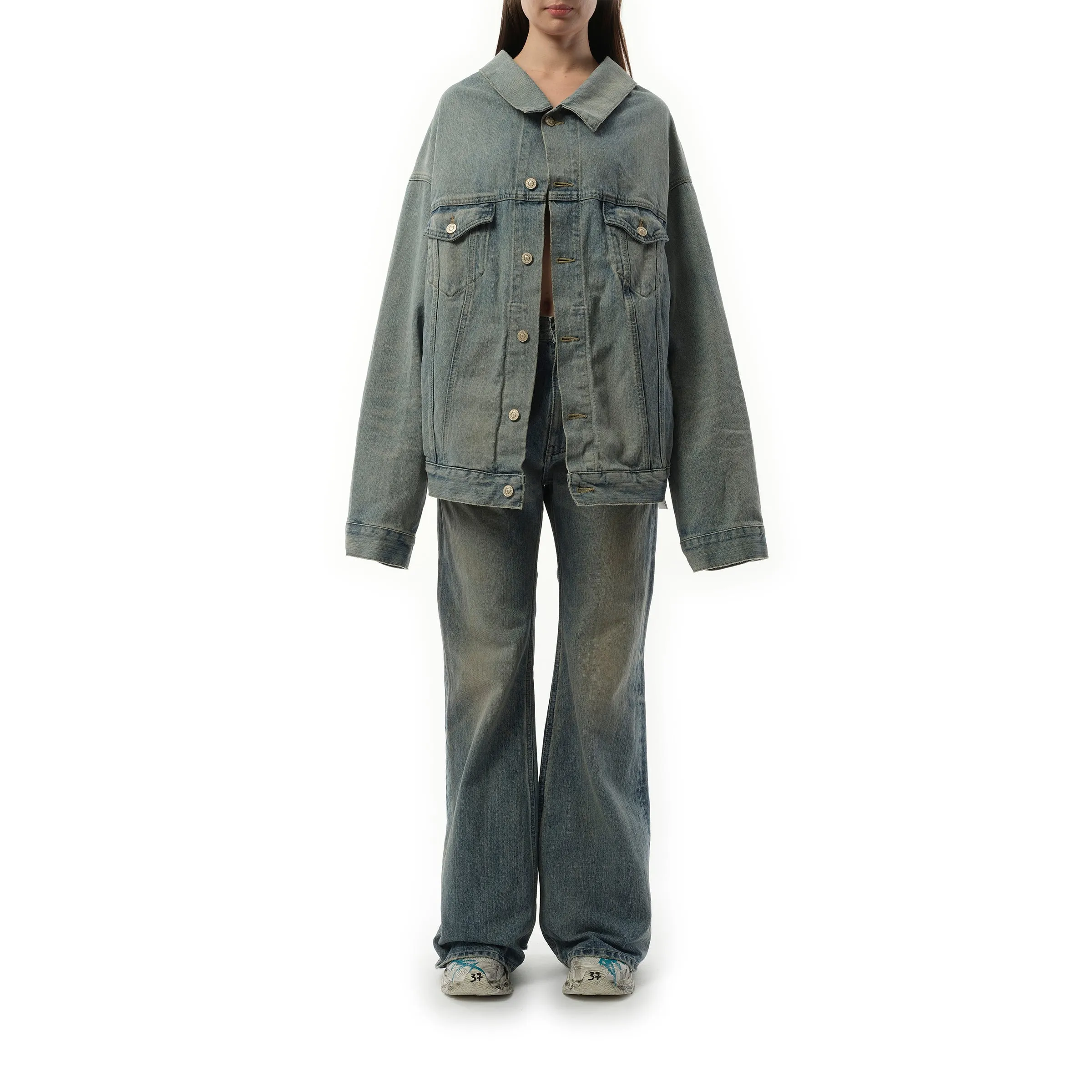 Off Shoulder Selvedge Denim Jacket in Blue sold by MARAIS product image thumbnail 3