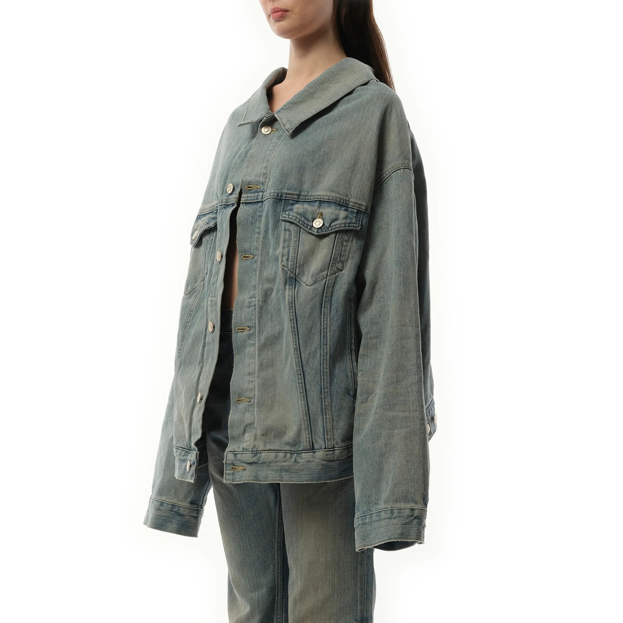 Off Shoulder Selvedge Denim Jacket in Blue sold by MARAIS product image thumbnail 4