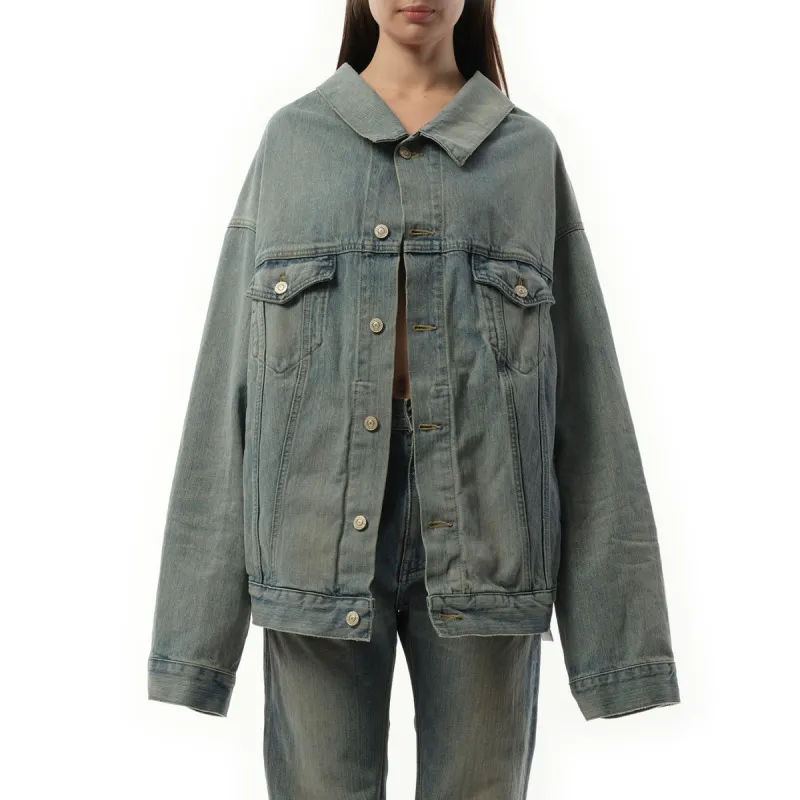 Off Shoulder Selvedge Denim Jacket in Blue made by Balenciaga