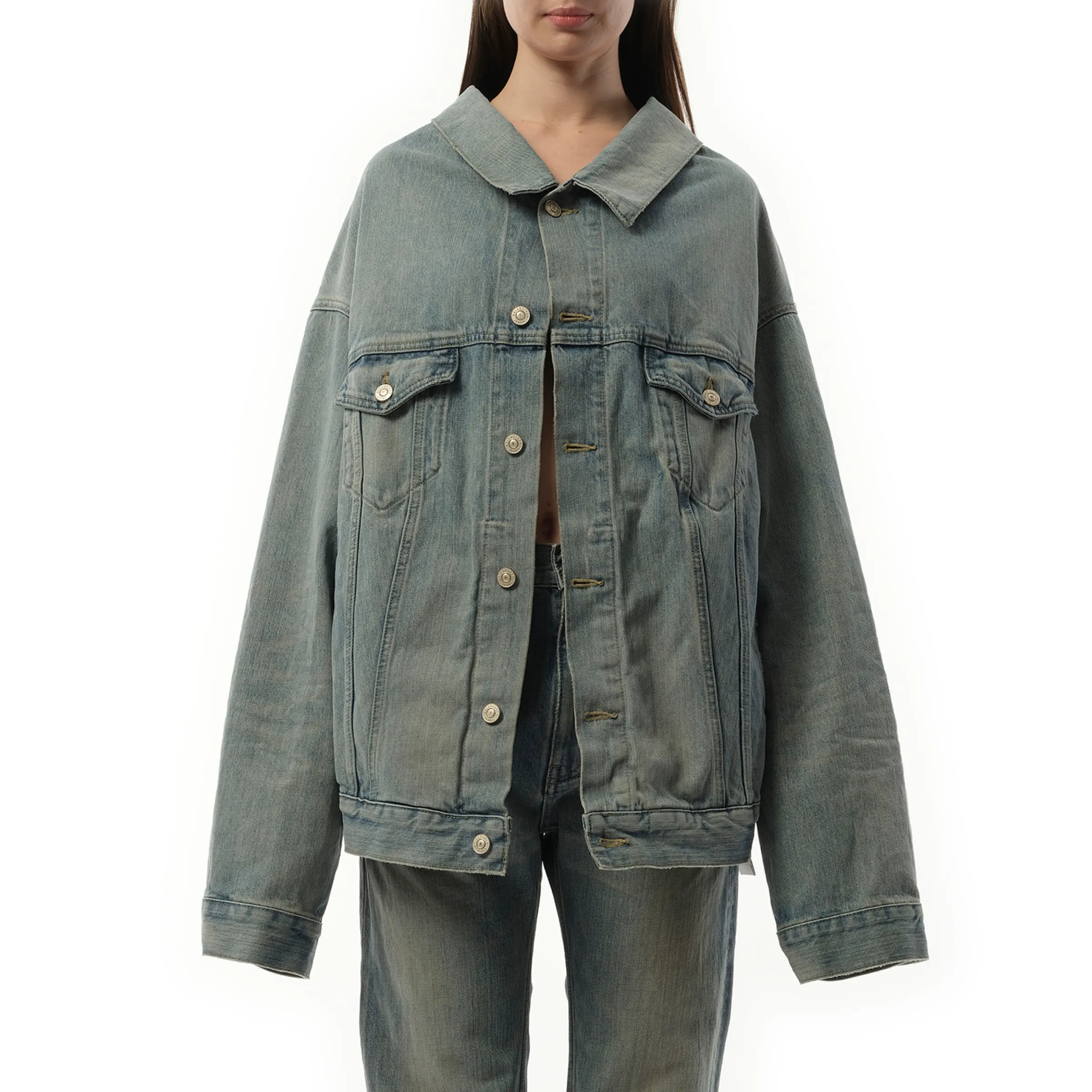 Off Shoulder Selvedge Denim Jacket in Blue sold by MARAIS