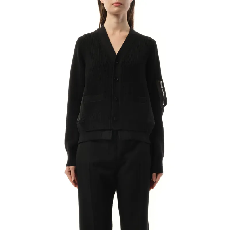 Nylon Twill Knit Cardigan in Black sold by MARAIS