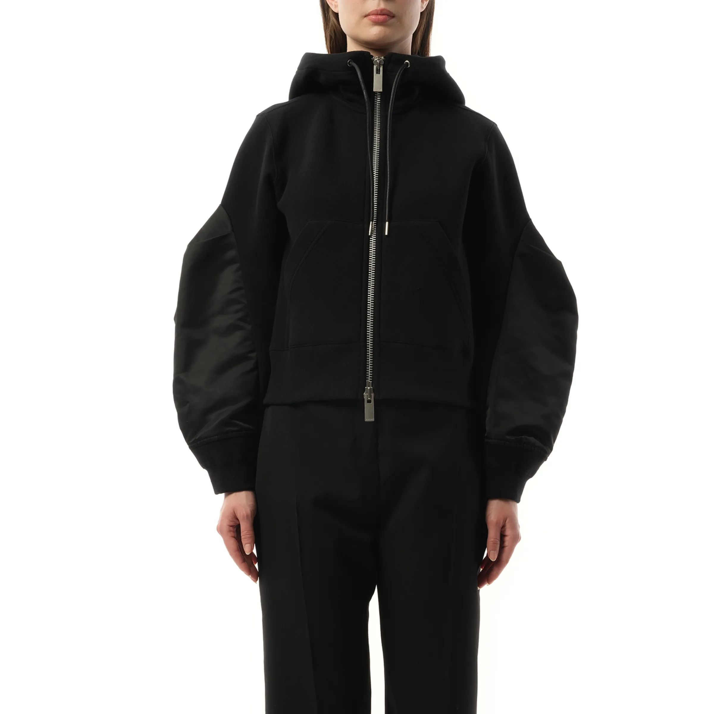 Big Sleeve Nylon Twill x Sponge Sweat Hoodie in Black sold by MARAIS