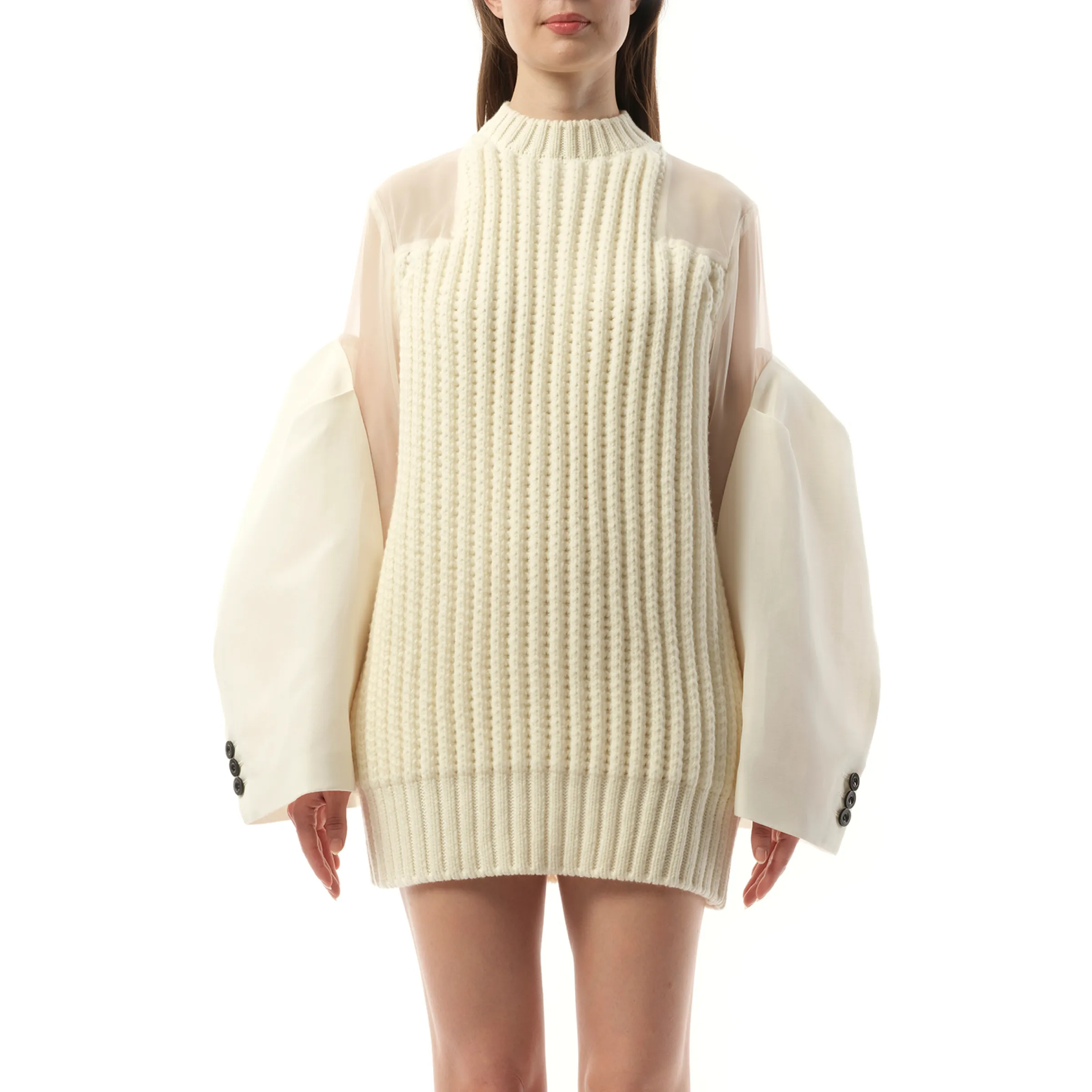 Silk Chiffon Mix Knit Dress in Off White sold by MARAIS