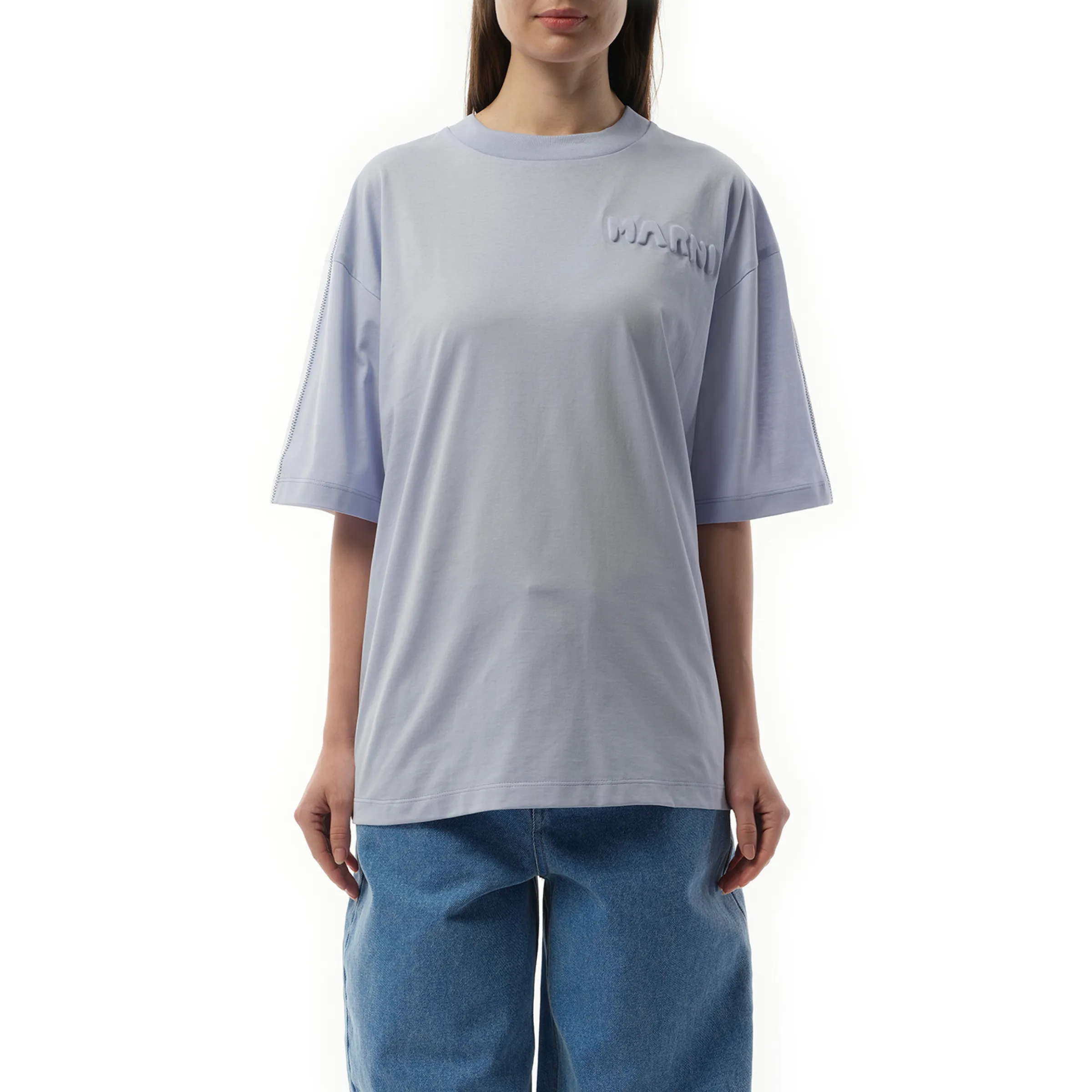 Embossed Logo T-Shirt in Illusion Blue sold by MARAIS