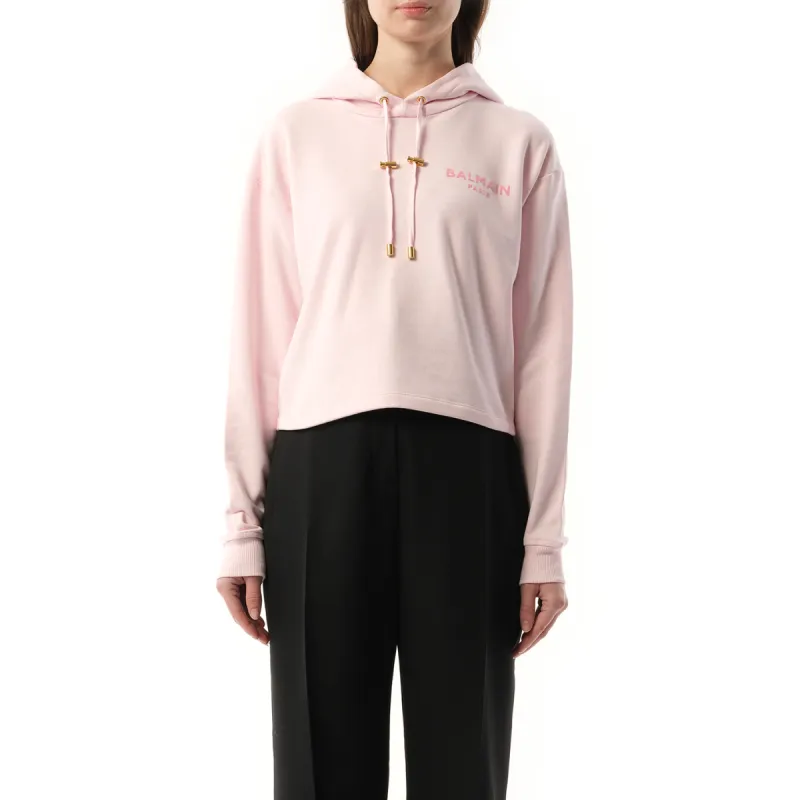 Balmain Flock Detail Cropped Hoodie in Pink made by Balmain