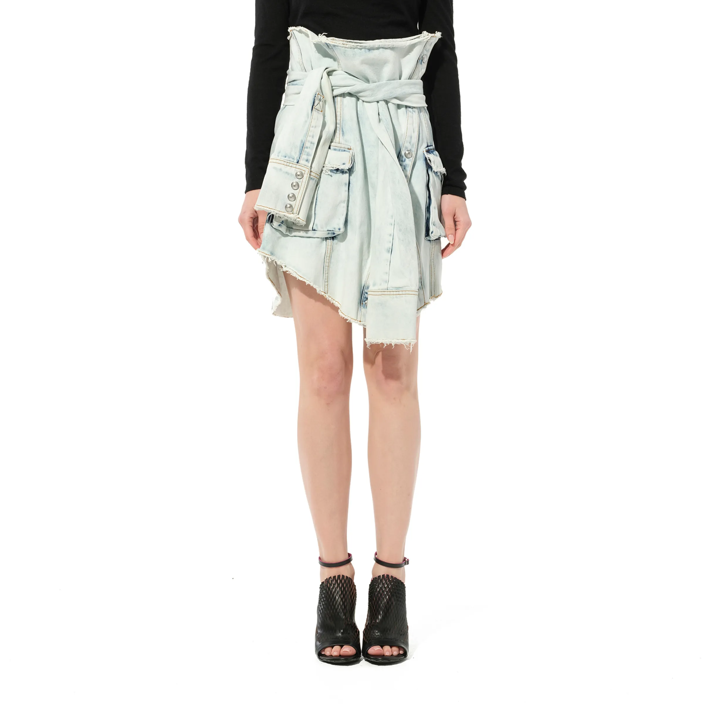 Knotted Denim Skirt in White sold by MARAIS