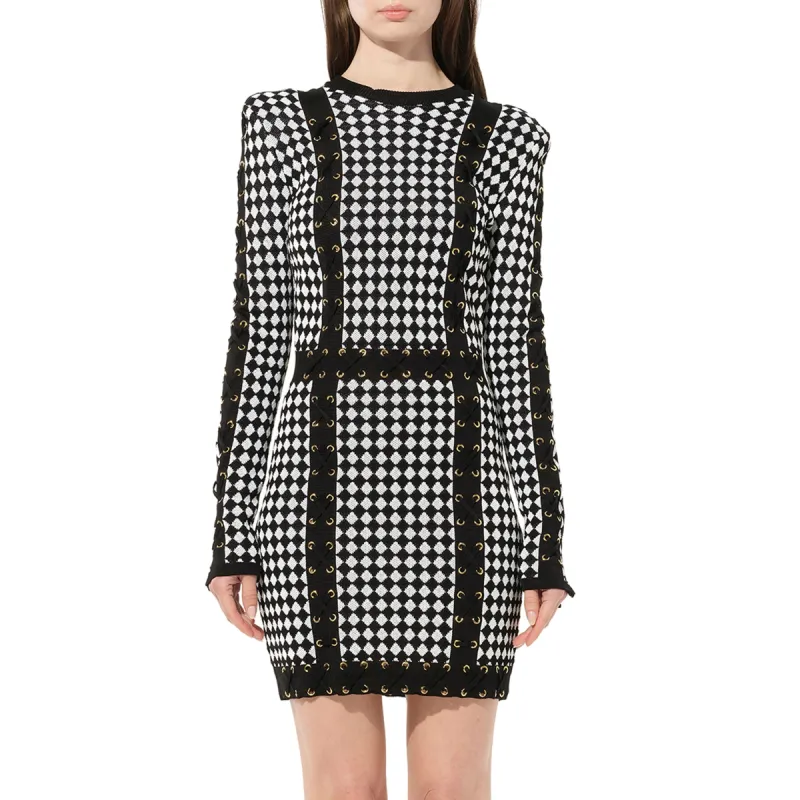 Maille Knit Dress in Black/White Check made by Balmain