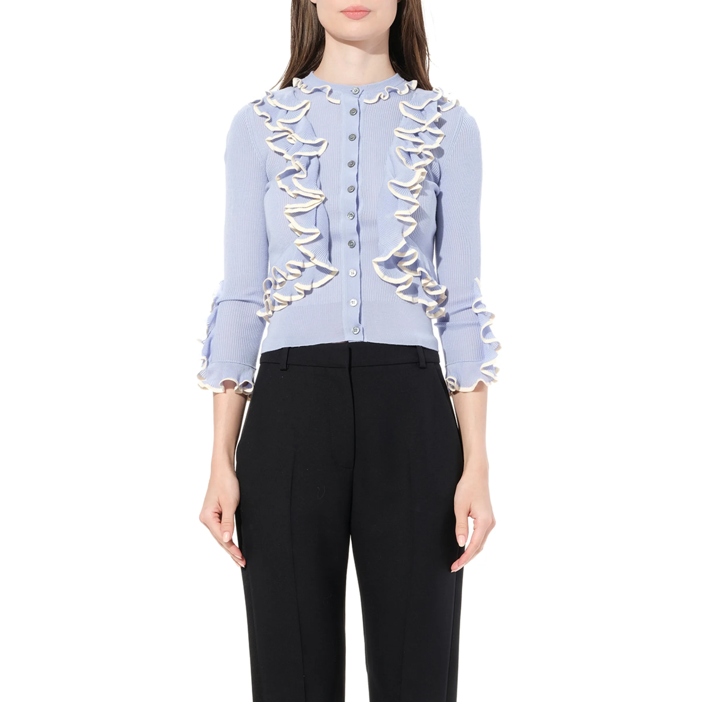 Ruffle Knit Cardigan in Light Blue sold by MARAIS
