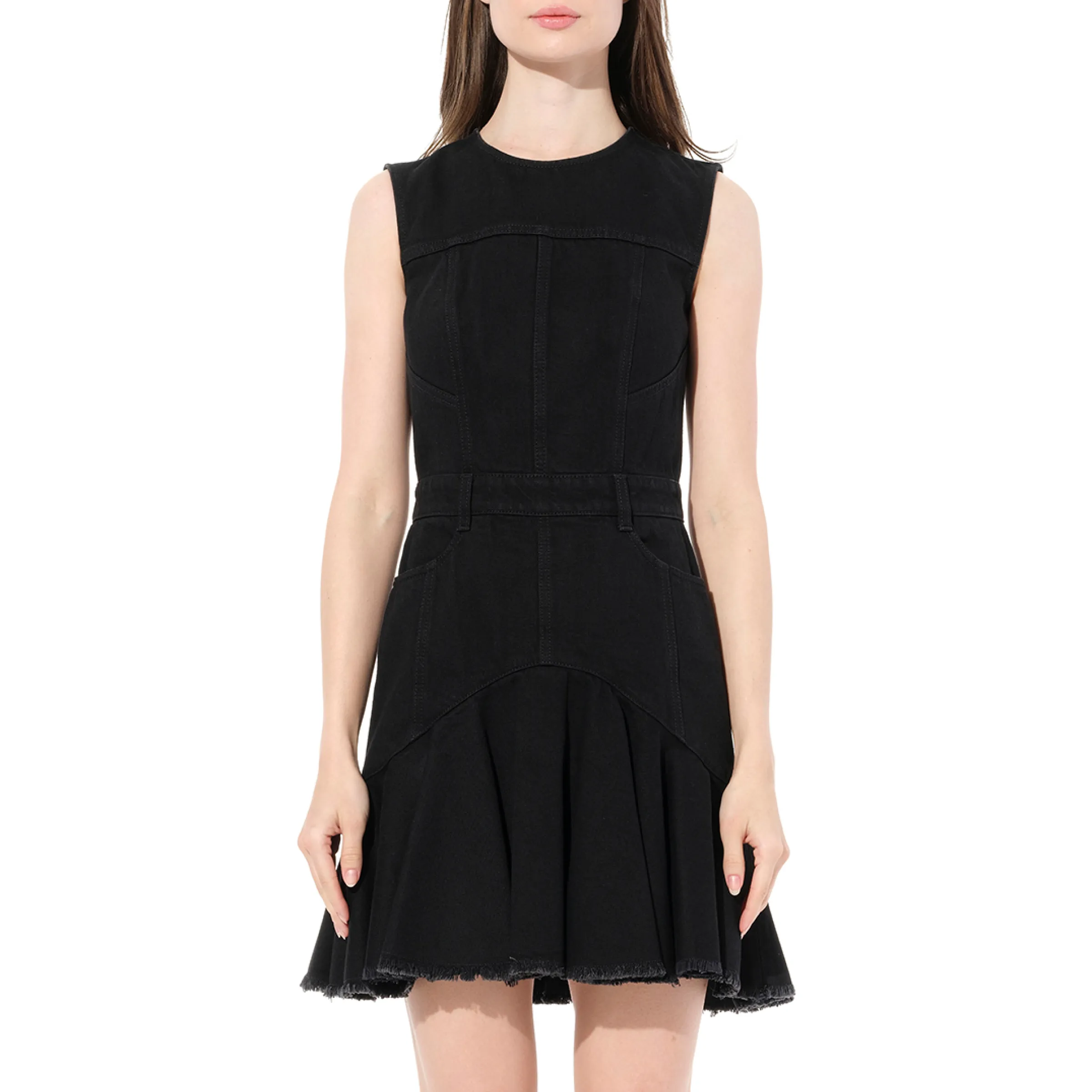Sleeveless Mini Denim Dress in Black sold by MARAIS