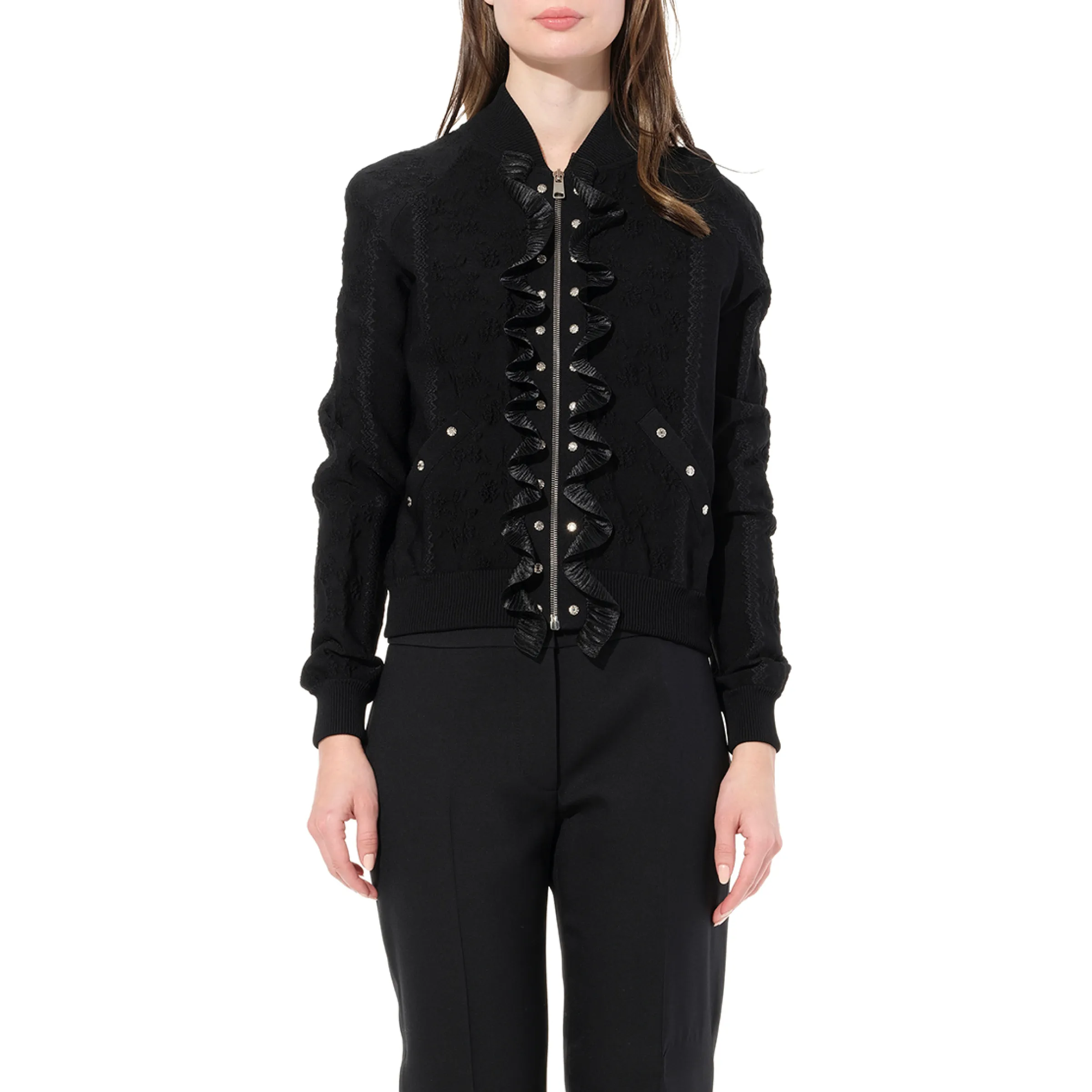 Flower Jacquard Bomber Jacket in Black sold by MARAIS