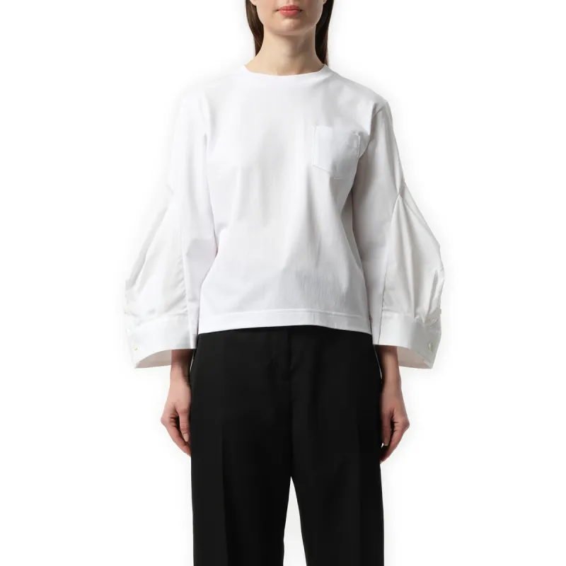 Big Sleeve Cotton Poplin x Cotton Jersey T-Shirt in White sold by MARAIS