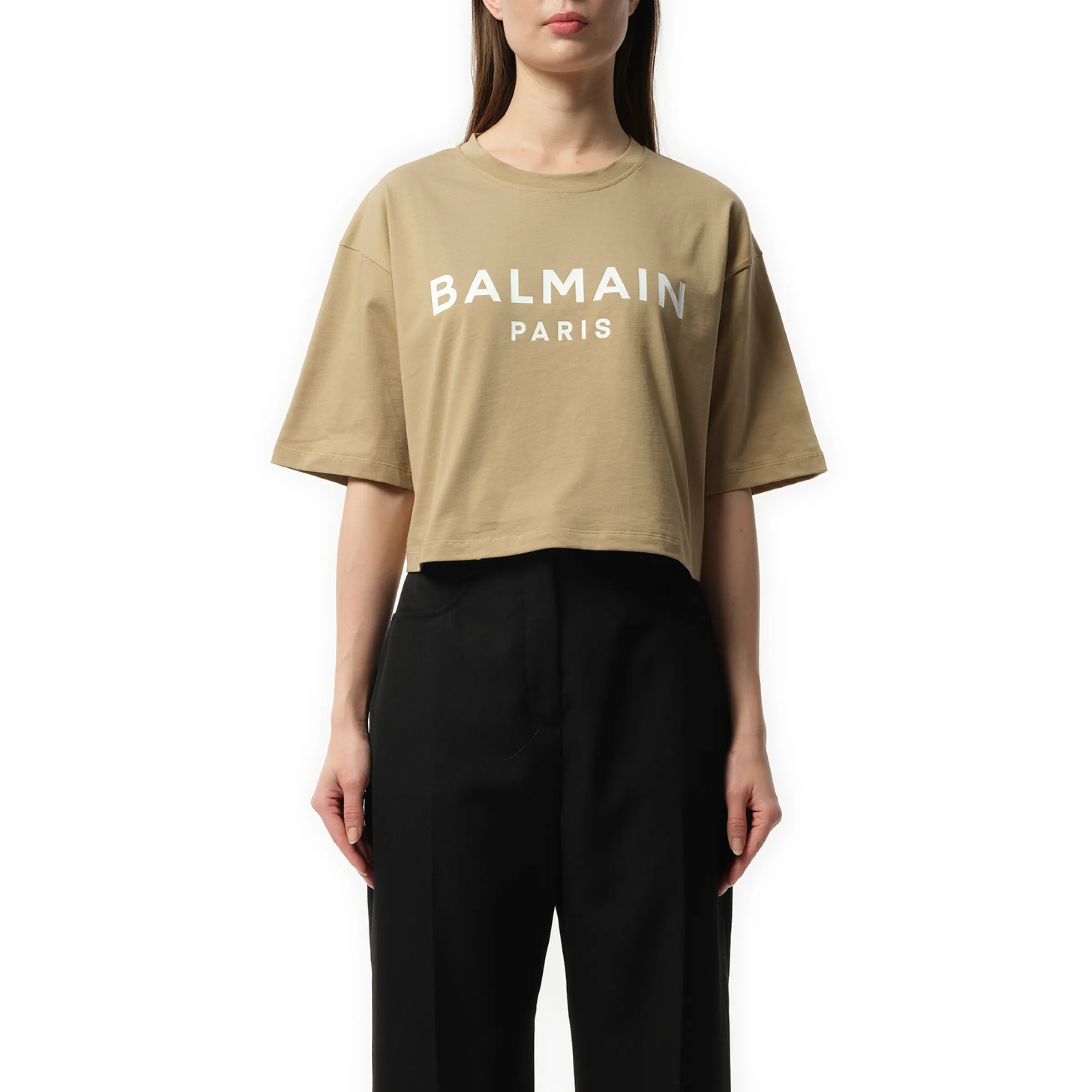 Balmain Printed Cropped T-Shirt in Beige/White sold by MARAIS