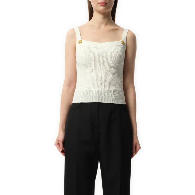 2 Button Strapped Vichy Knit Short Top in White sold by MARAIS