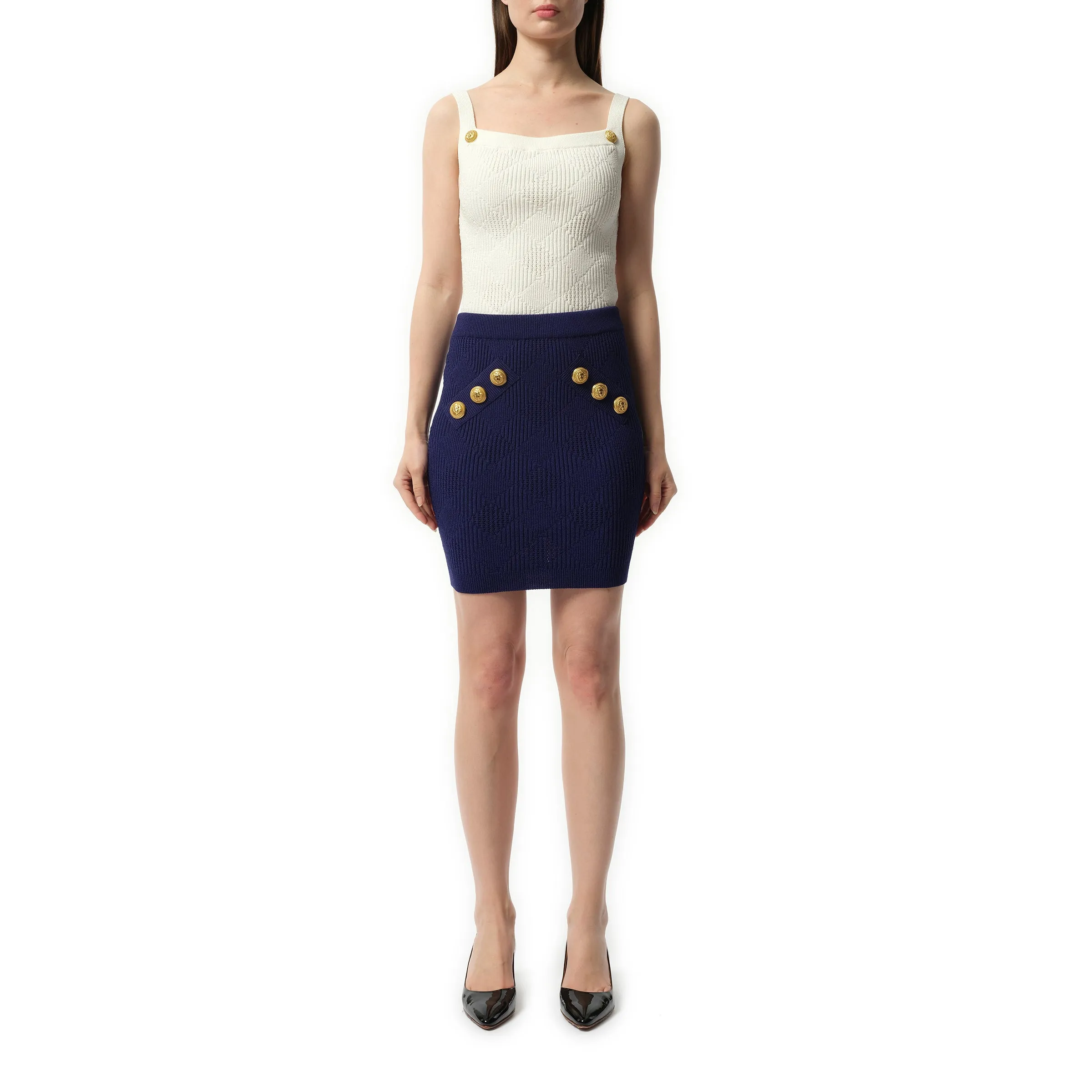 6 Button Vichy Knit Short Skirt in Midnight Blue sold by MARAIS product image thumbnail 4