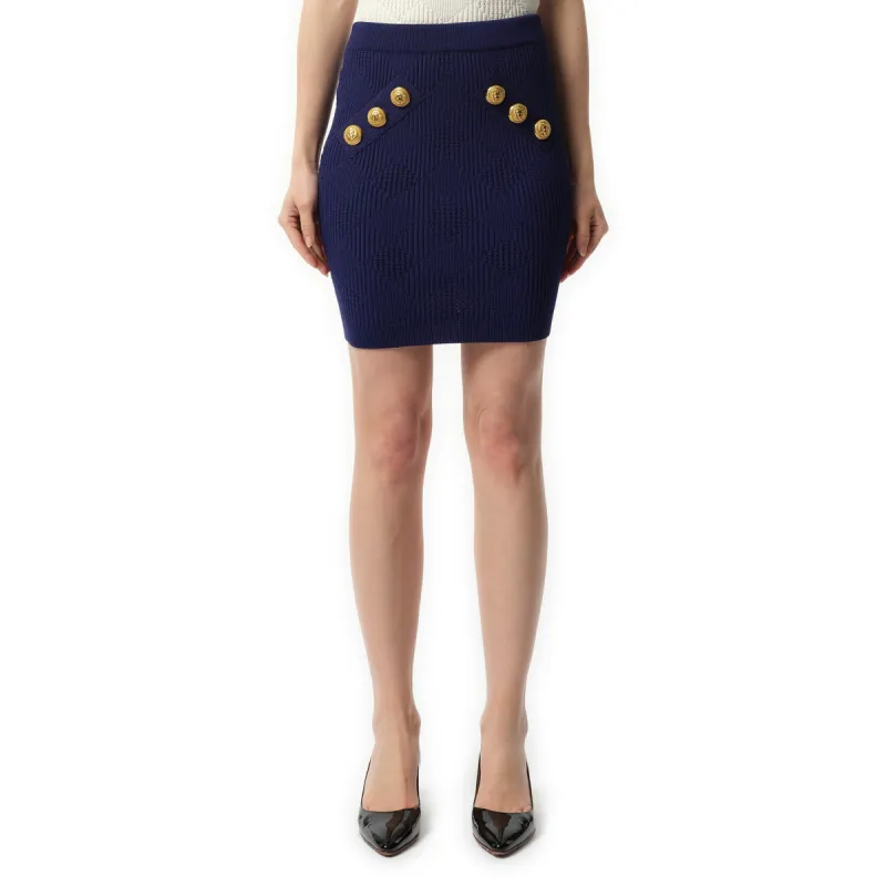 6 Button Vichy Knit Short Skirt in Midnight Blue sold by MARAIS