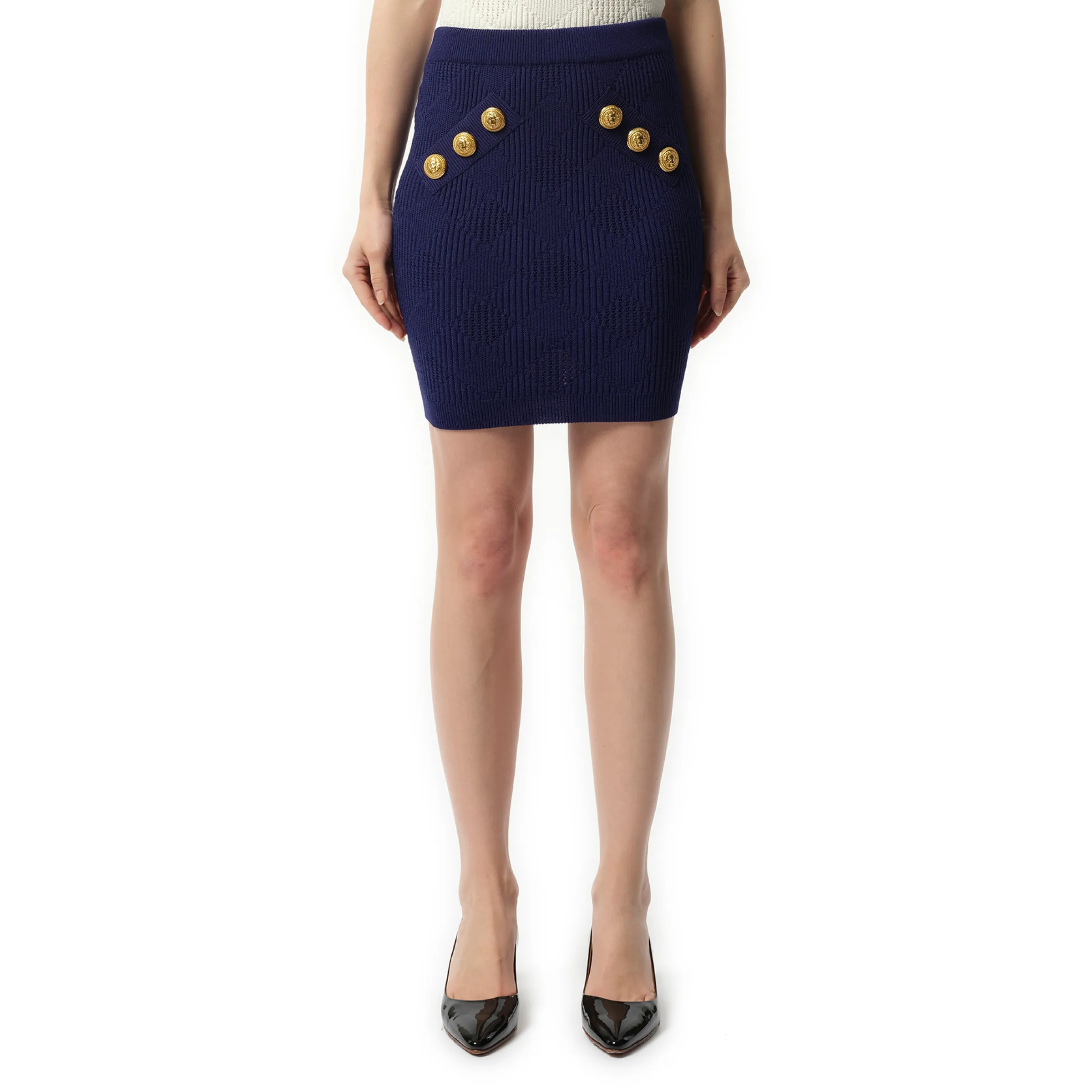 6 Button Vichy Knit Short Skirt in Midnight Blue sold by MARAIS