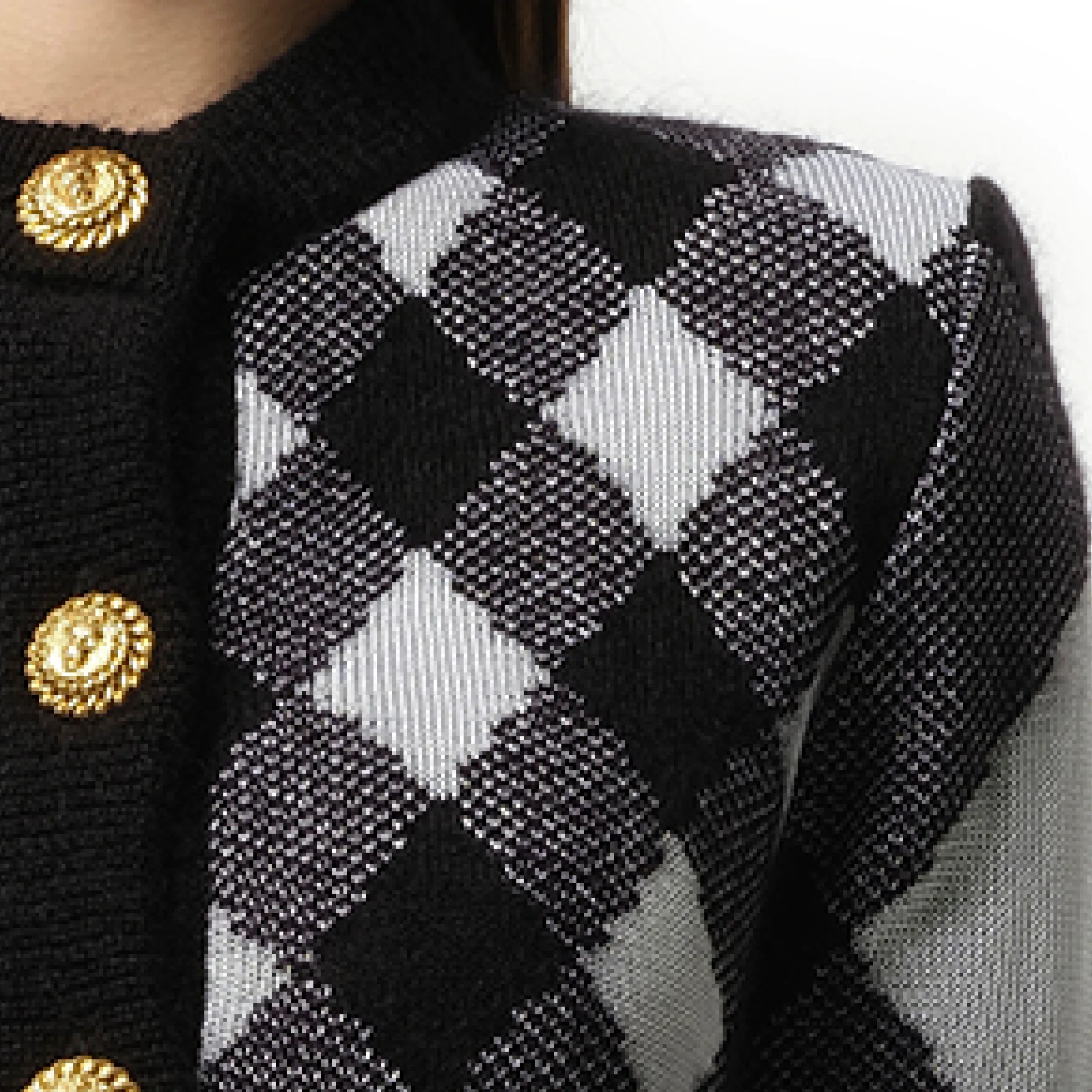 Buttoned 2 Pockets Vichy Knit Cardigan in Black/White sold by MARAIS product image thumbnail 3