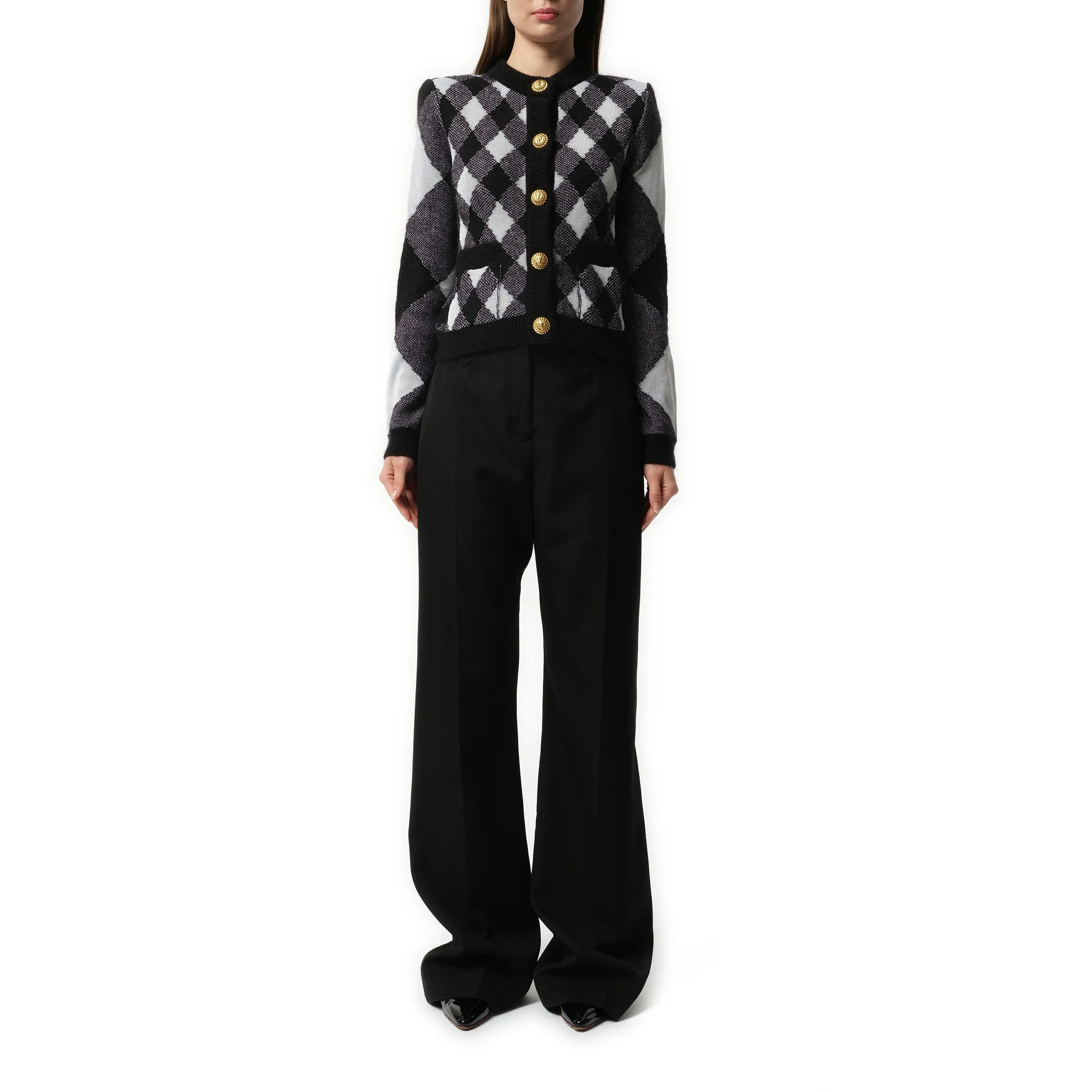 Buttoned 2 Pockets Vichy Knit Cardigan in Black/White sold by MARAIS product image thumbnail 4