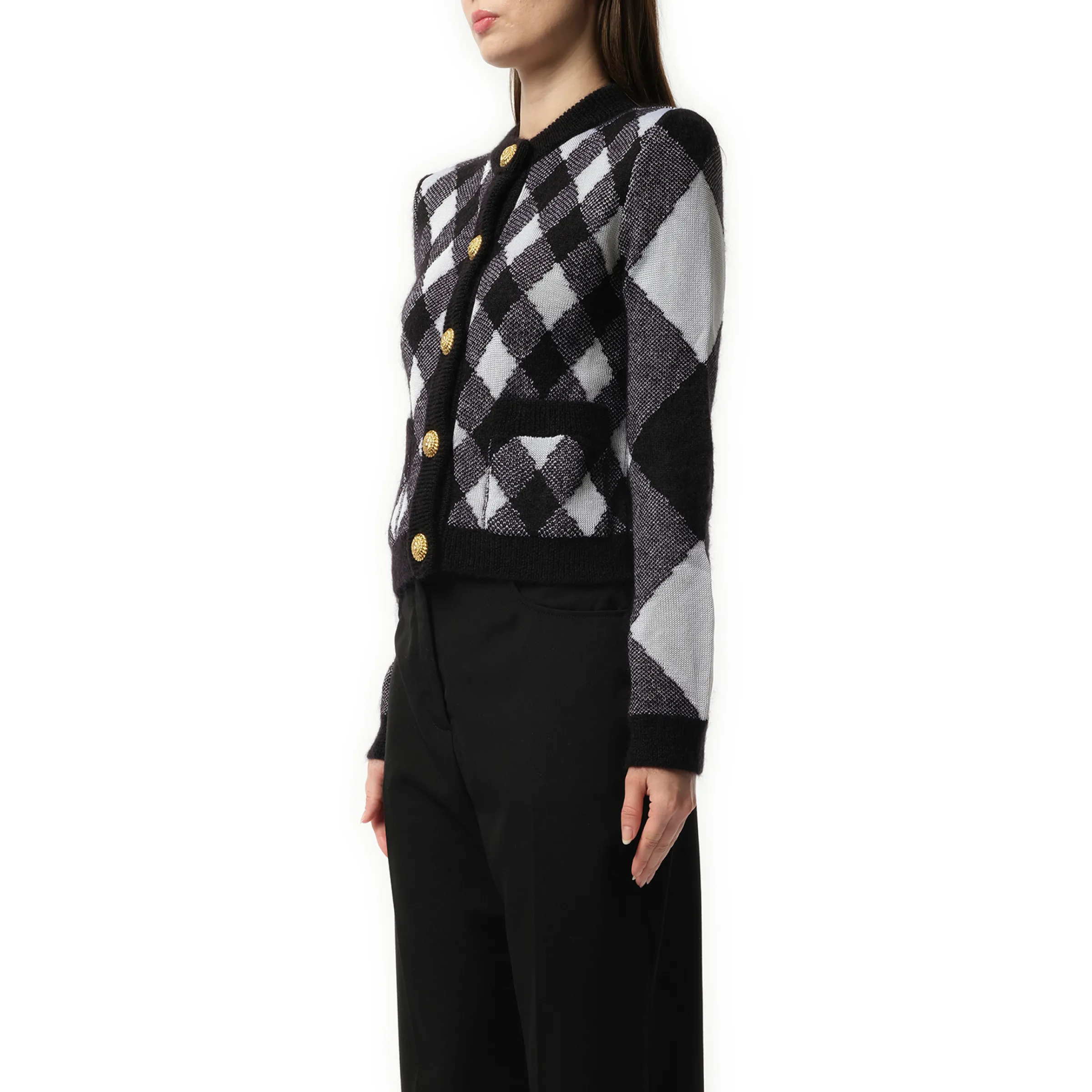Buttoned 2 Pockets Vichy Knit Cardigan in Black/White sold by MARAIS product image thumbnail 5