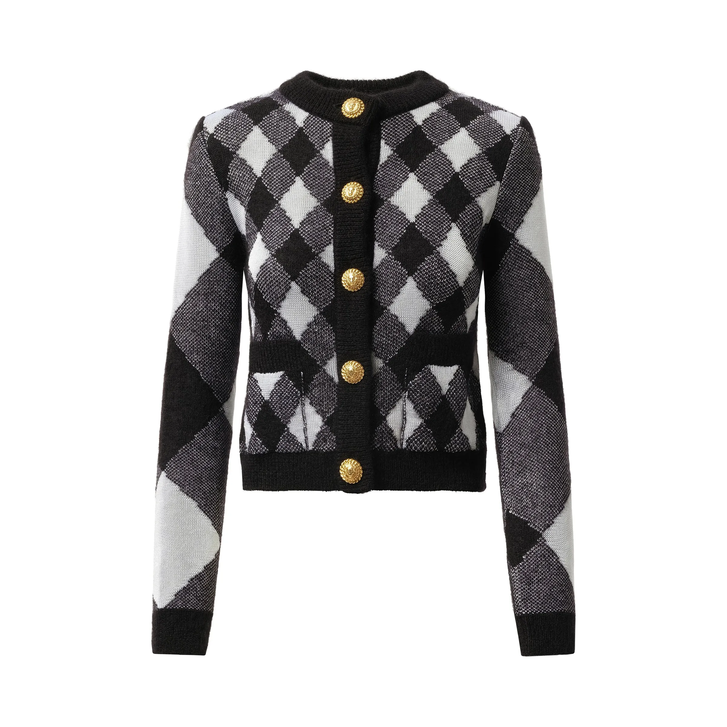 Buttoned 2 Pockets Vichy Knit Cardigan in Black/White sold by MARAIS product image thumbnail 2