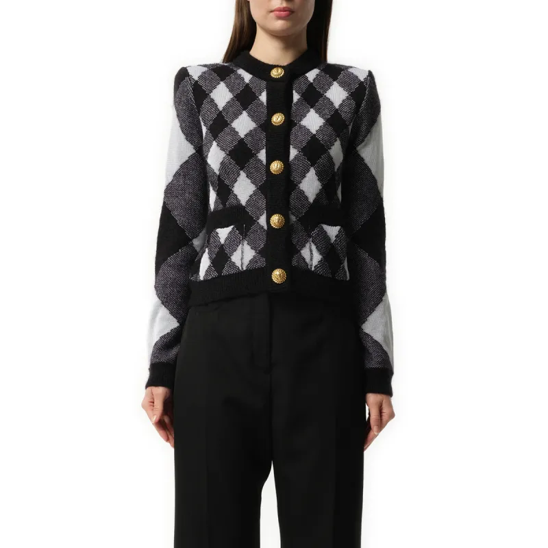 Buttoned 2 Pockets Vichy Knit Cardigan in Black/White sold by MARAIS