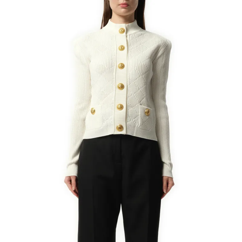 Buttoned 2 Pockets Vichy Knit Cardigan in White sold by MARAIS