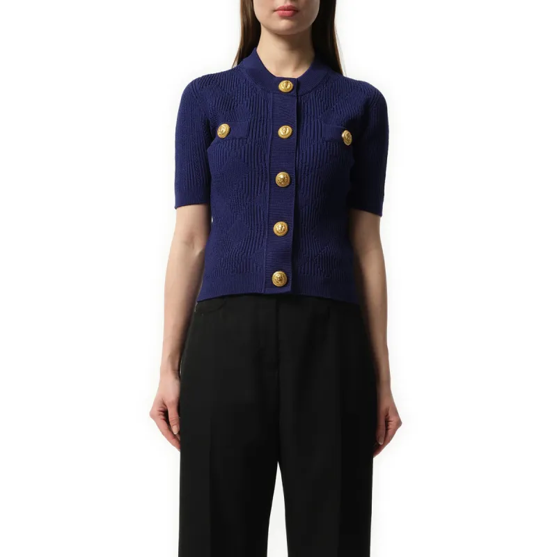 Buttoned 2 Pockets Vichy Knit Cardigan in Midnight Blue sold by MARAIS