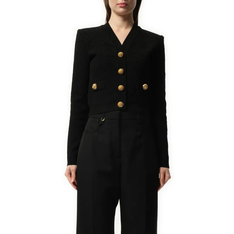 Buttoned V Neck Vichy Knit Cardigan in Black sold by MARAIS