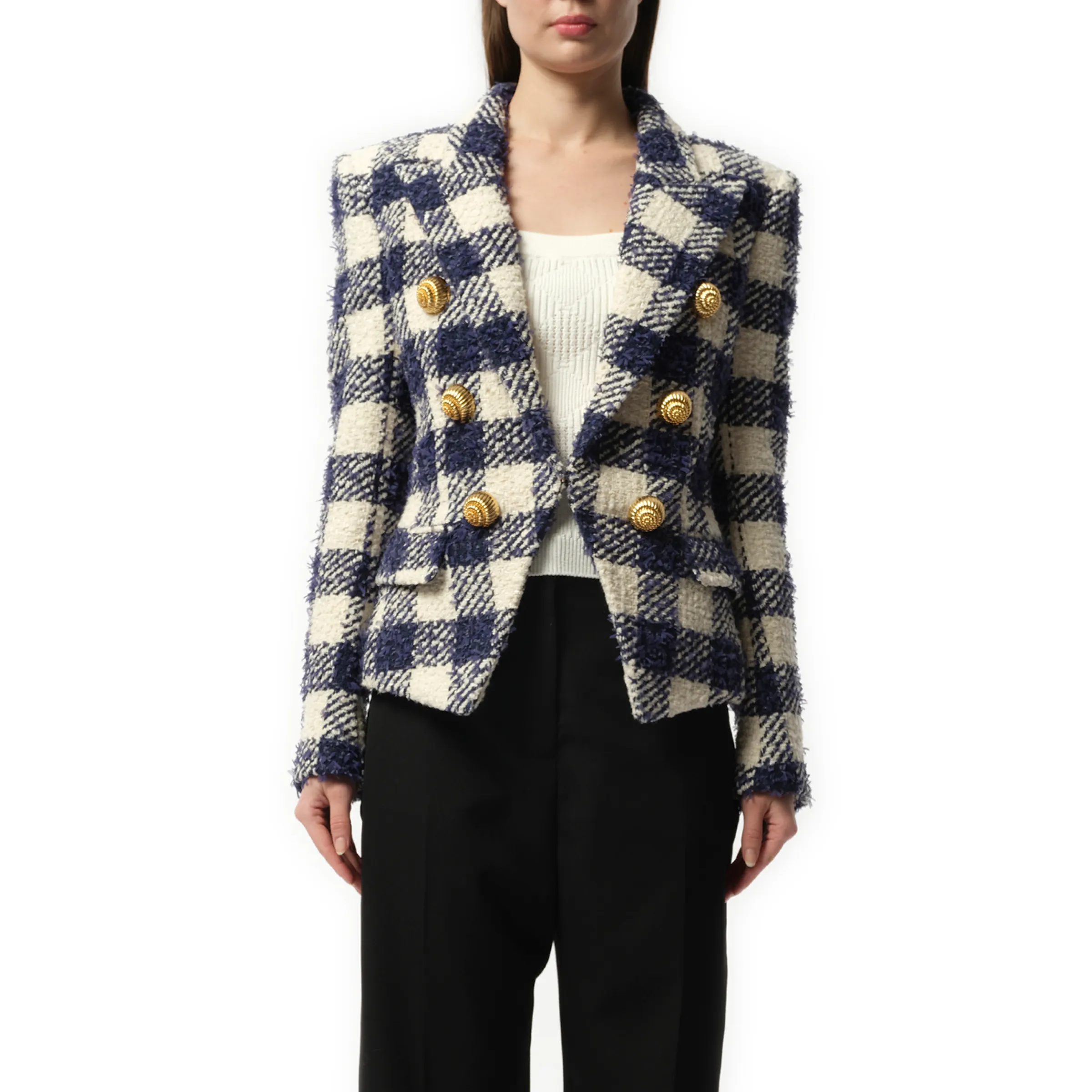 6 Button Tweed Jacket in Marine/White sold by MARAIS