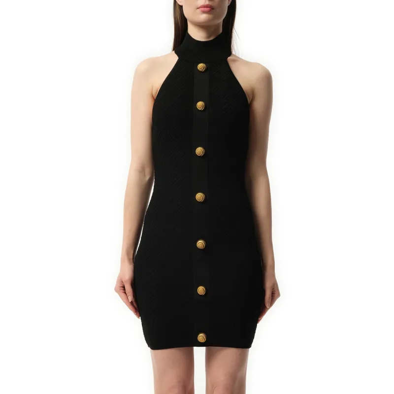 Halterneck Button Vichy Knit Short Dress in Black sold by MARAIS