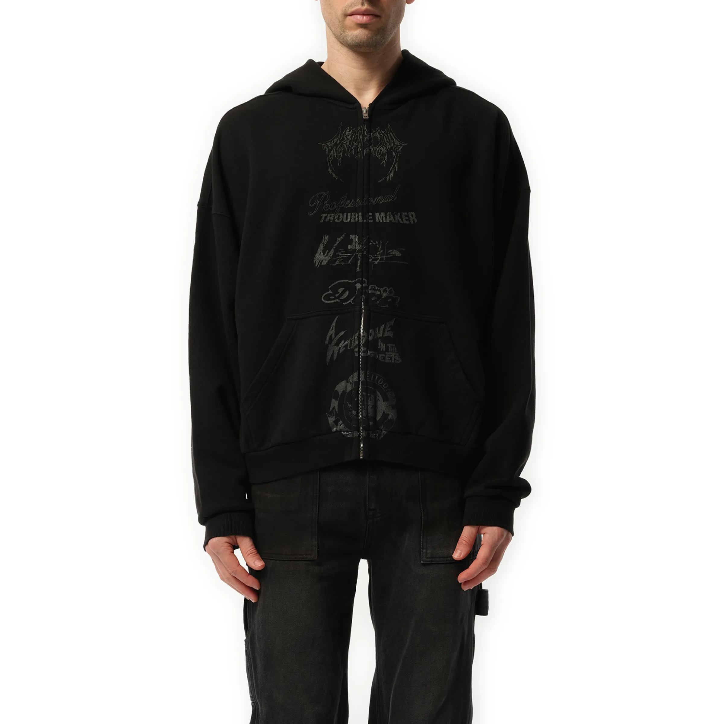 Multi Logo Zip-Up Hoodie in Black sold by MARAIS