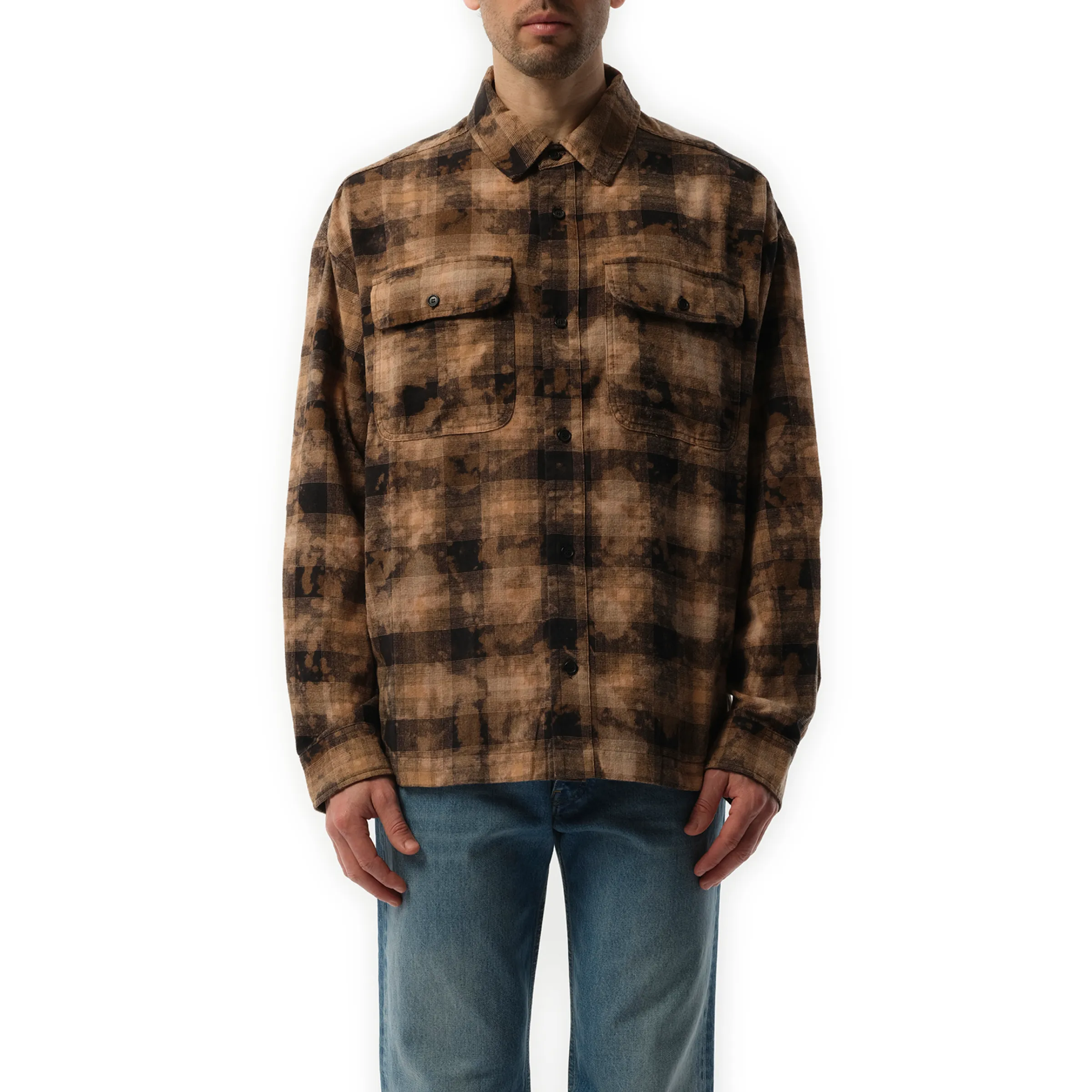 Long Sleeve Curved Logo Check Shirt in Brown/Off White sold by MARAIS