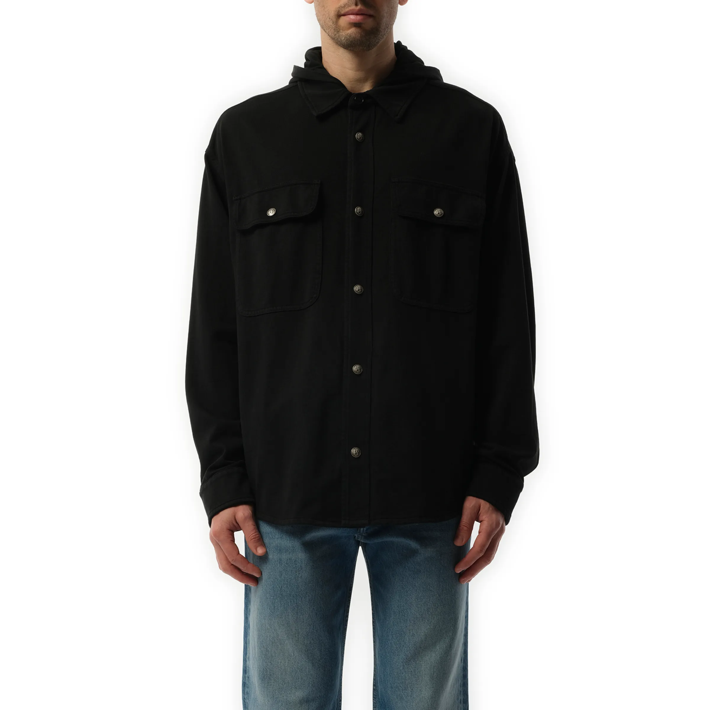 GD Classic Logo Hooded Overshirt in Black/Black sold by MARAIS