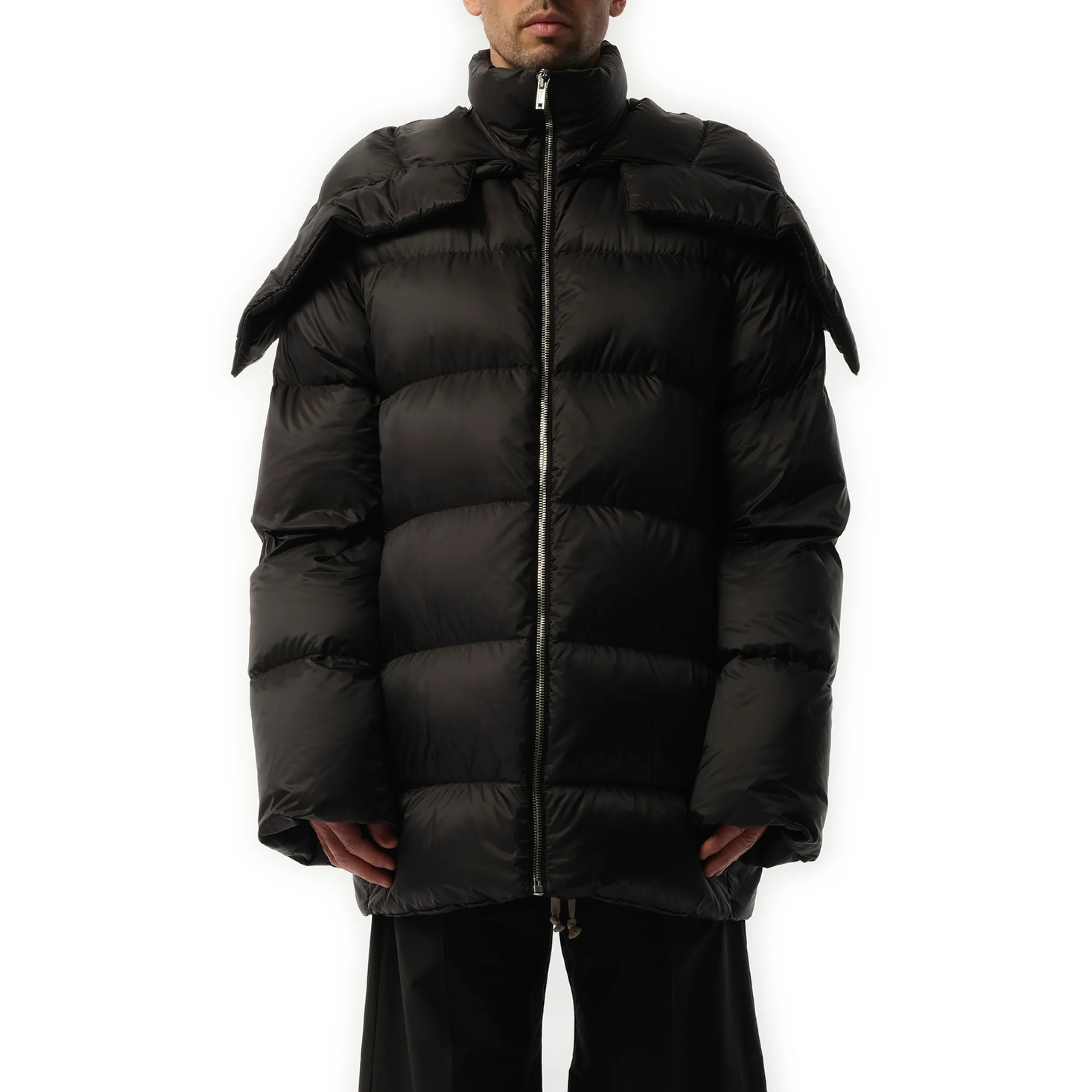 Rick Owens x Moncler Hooded Cyclopic Coat in Black sold by MARAIS