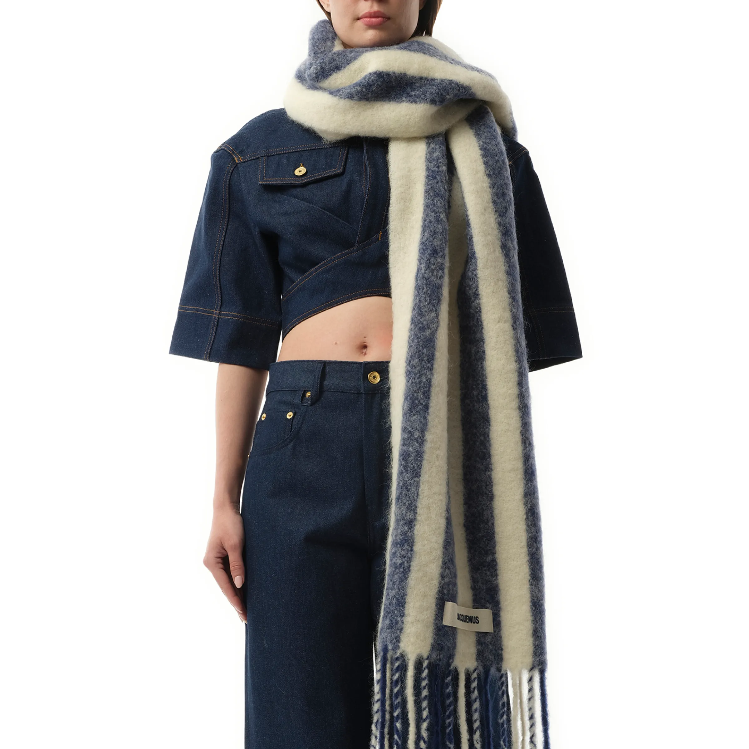 L'echarpe Carro Scarf in White/Blue Stripe sold by MARAIS