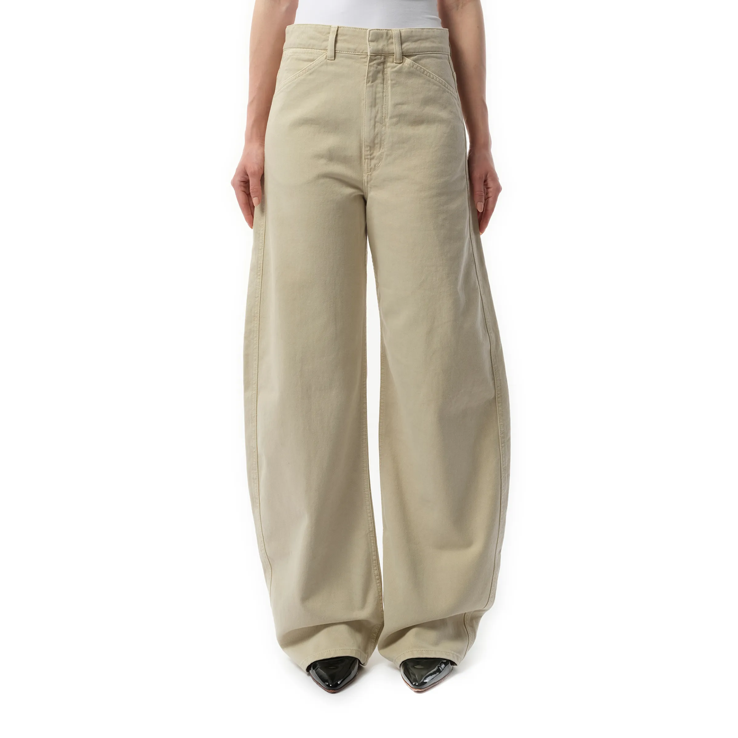 High Waisted Curved Pants in Denim Snow Oat sold by MARAIS