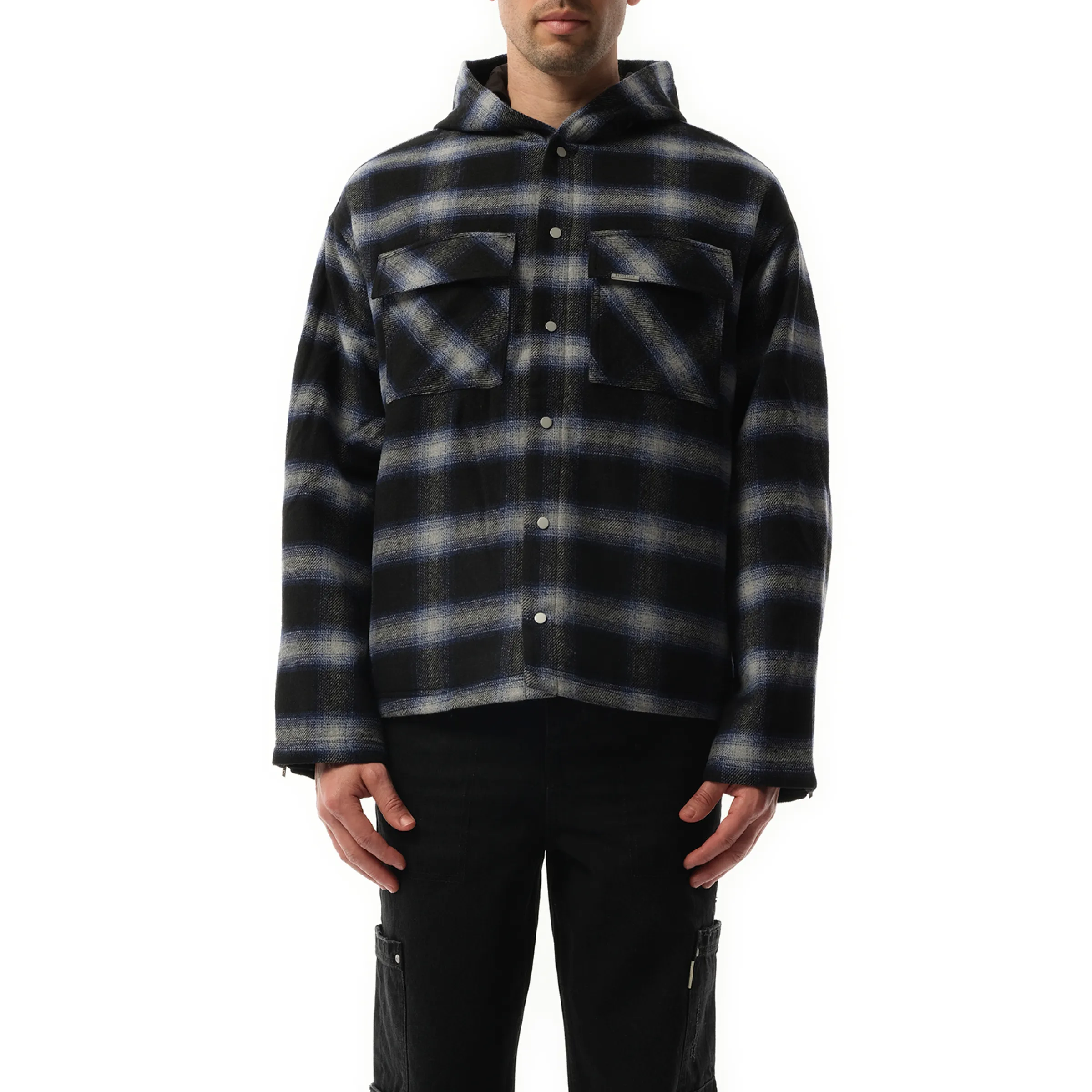 Hooded Overshirt in Midnight Navy sold by MARAIS