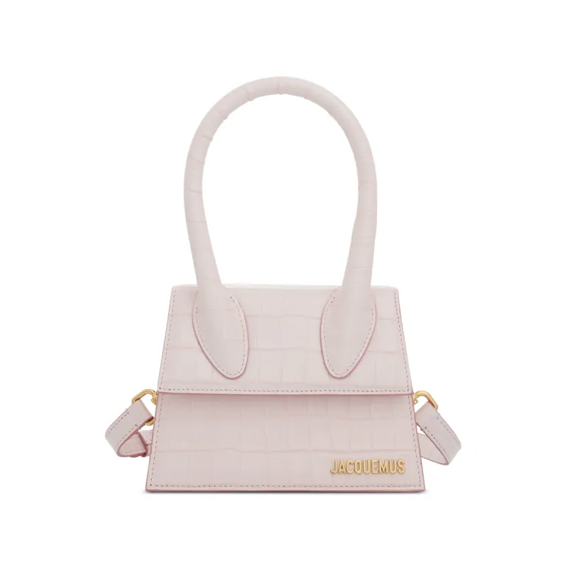Le Chiquito Moyen Croc Embossed Leather Bag in Pale Pink sold by MARAIS