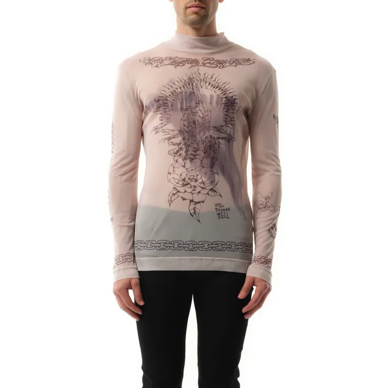 Tattoo Shrine Mesh Long Sleeve T-Shirt in Beige sold by MARAIS