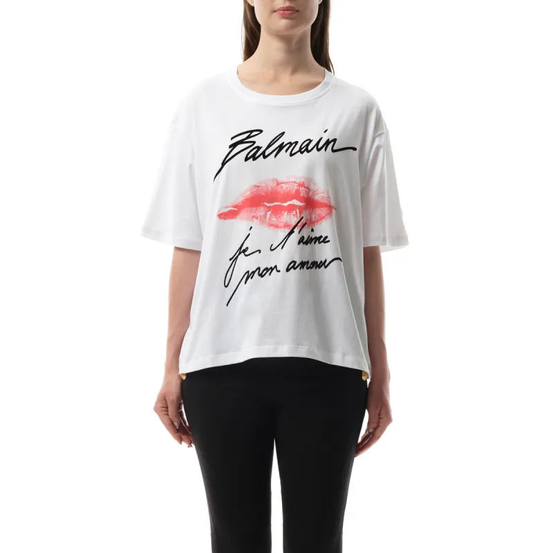 Balmain Kiss Print T-Shirt in White/Black/Red sold by MARAIS