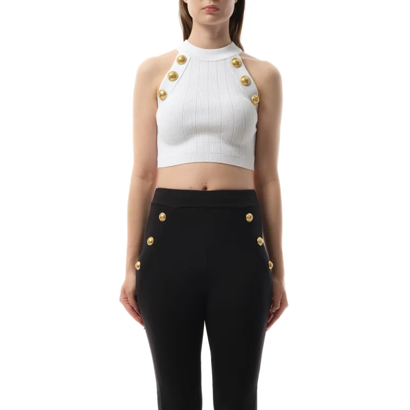 6 Button Halterneck Knit Cropped Top in White made by Balmain